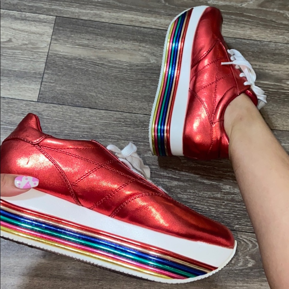 Liliana Red Metallic Rainbow Platform Sneaker